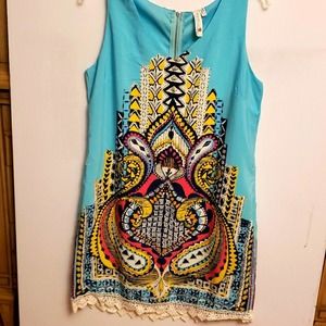 Pink Owl Sleeveless Shift Dress Aqua Lace Trim M